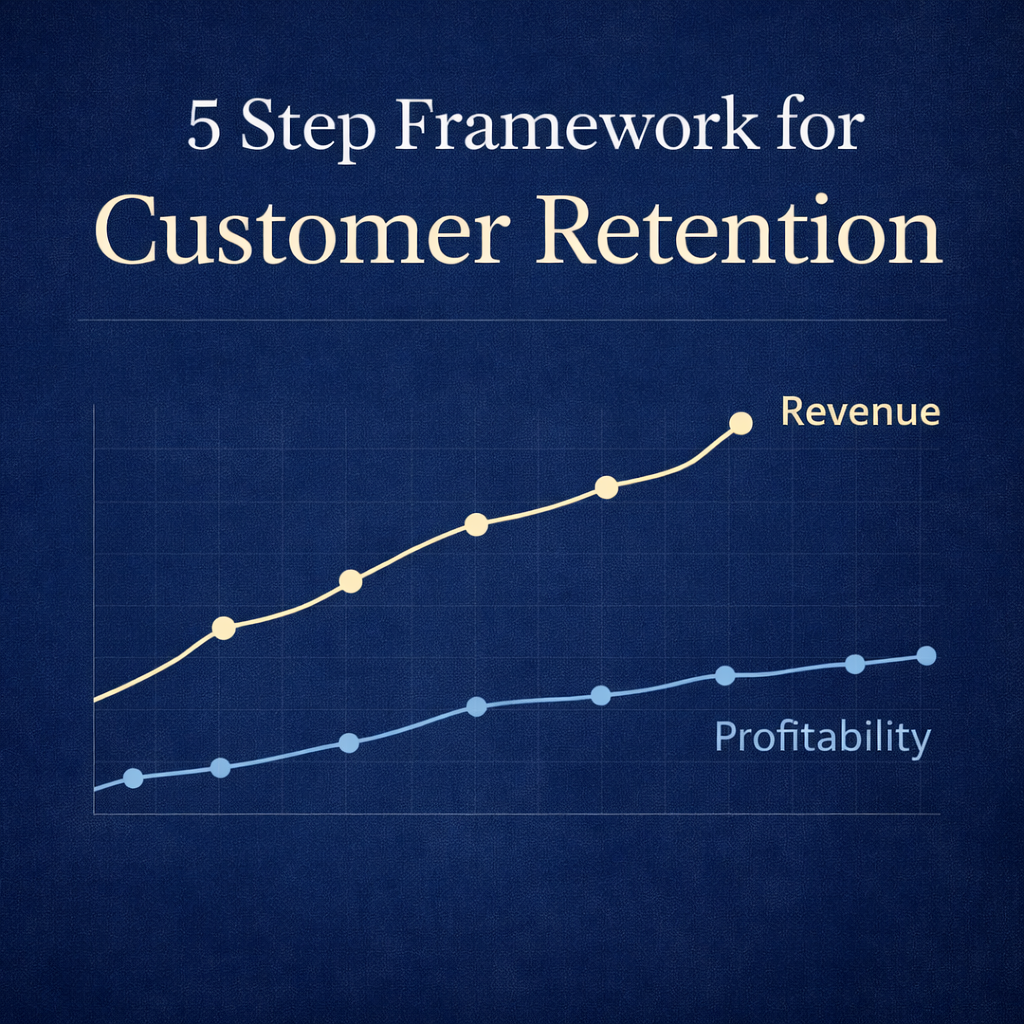 Chart that says 5 Step Framework for Customer Acquisition and Retention showing a chart of two lines moving upward.